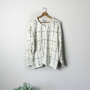 [Dress Barn] Ivory & Gray Plaid Windowpane Ramie Blend Button Down Sweater